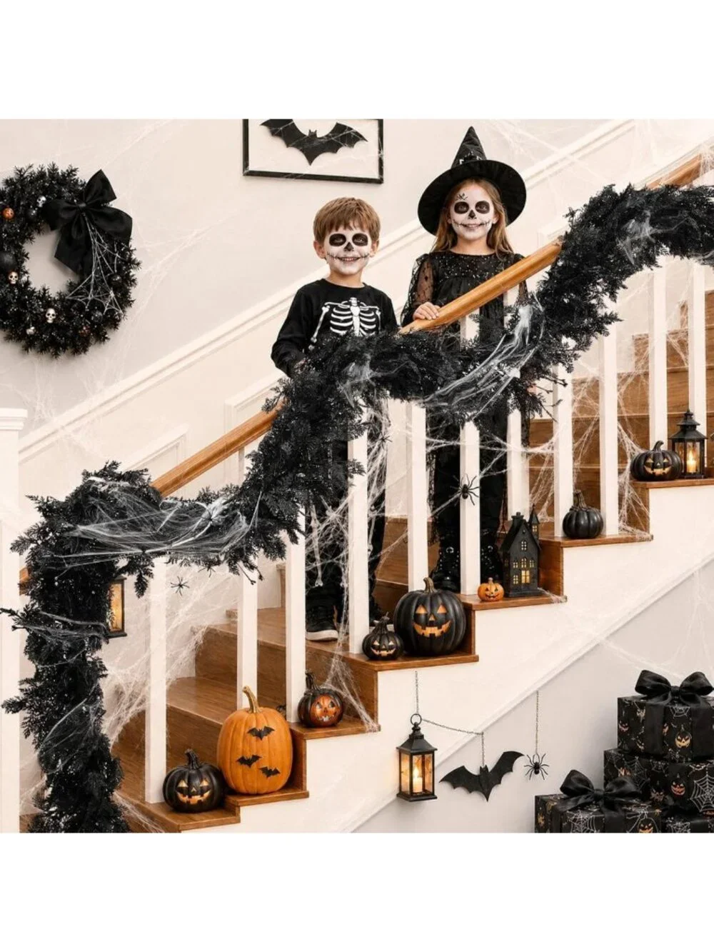 9FT Pre-Lit Halloween Garland with Black Cedar, Berries & Spiders